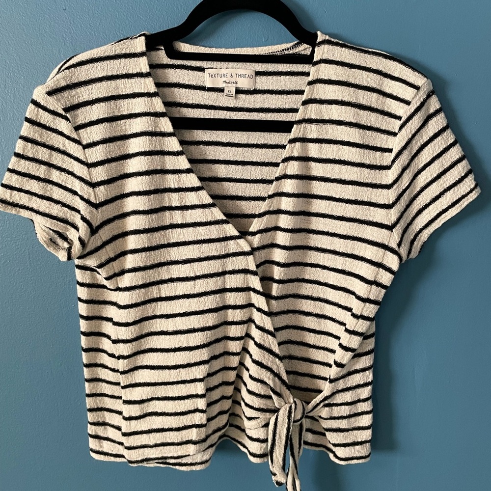 Texture And Thread Madewell Striped Cotton Tie Front Shirt, White and Black